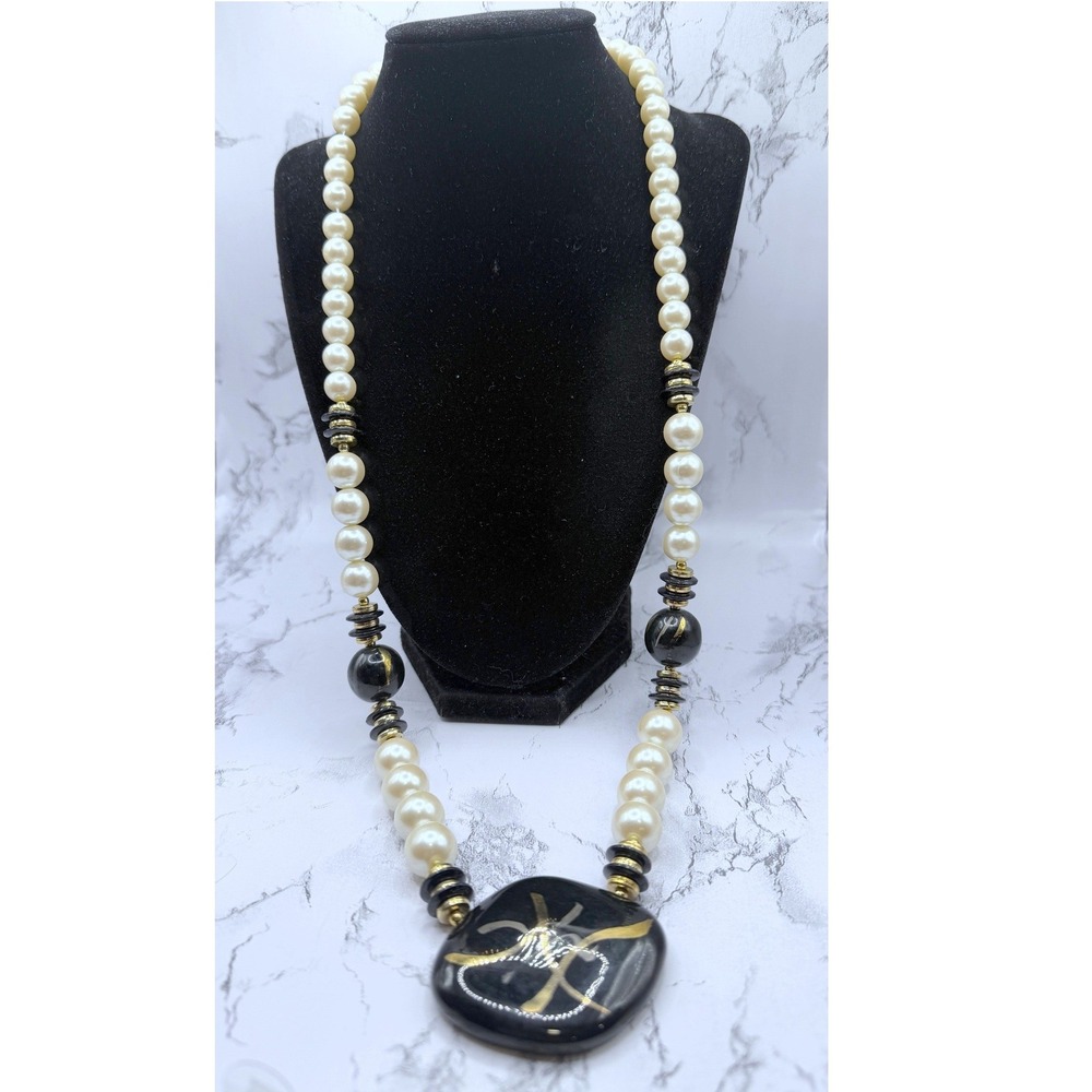 Vintage Style Pearl & Black Gold Beaded Necklace Large‎ Pendant 28"